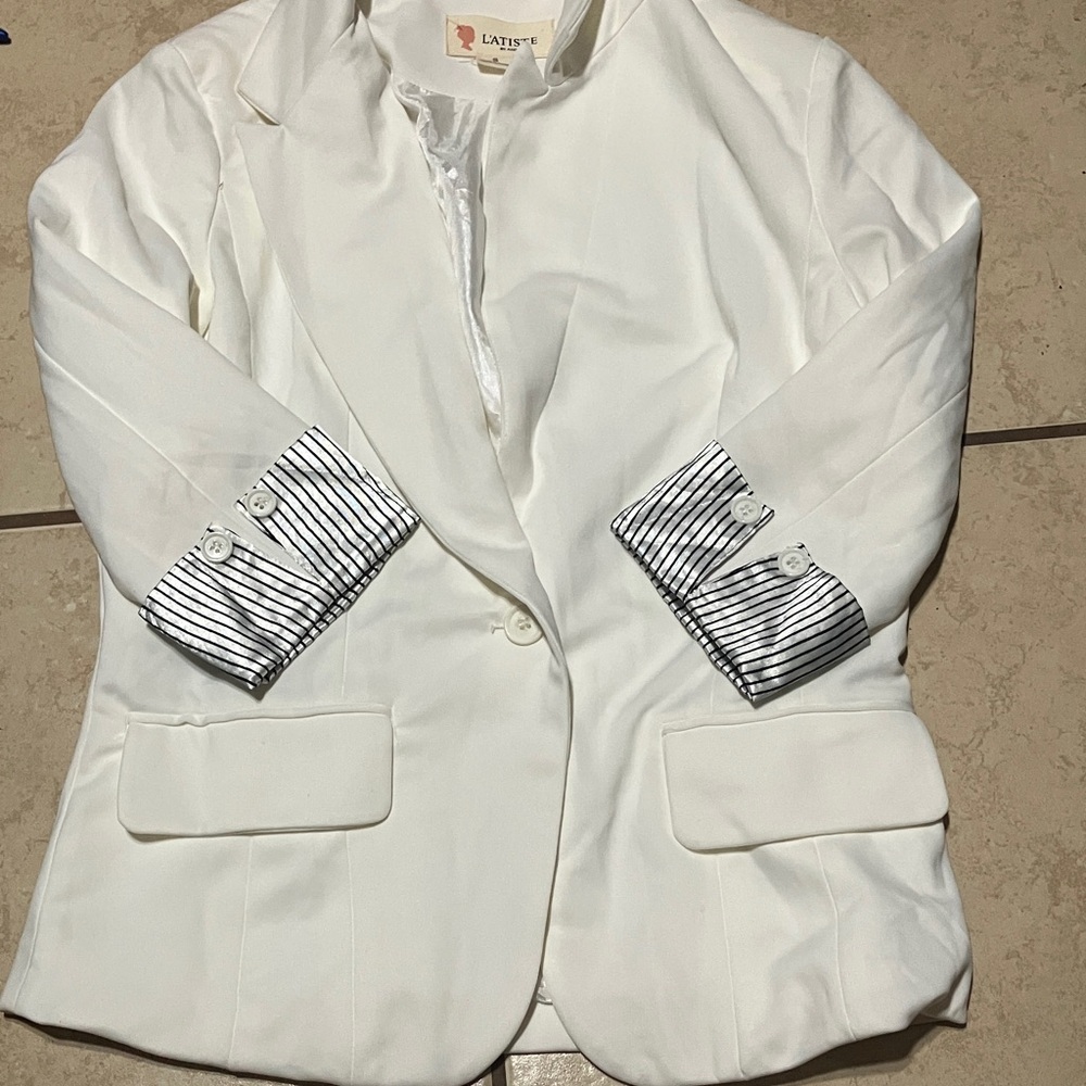 Women's White Blazer with Striped Cuffs